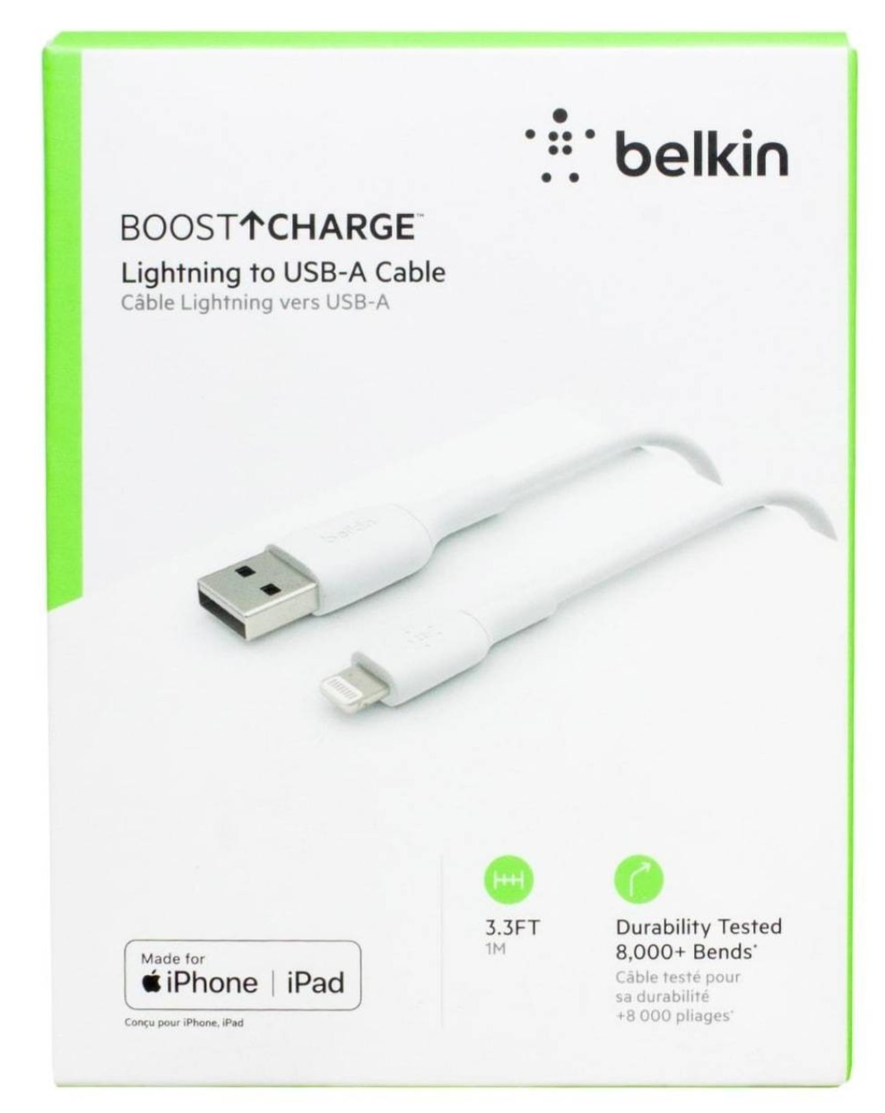 Cable Marca Belkin USB-A a Lightning Modelo CAA001 de 1mt color blanco y negro